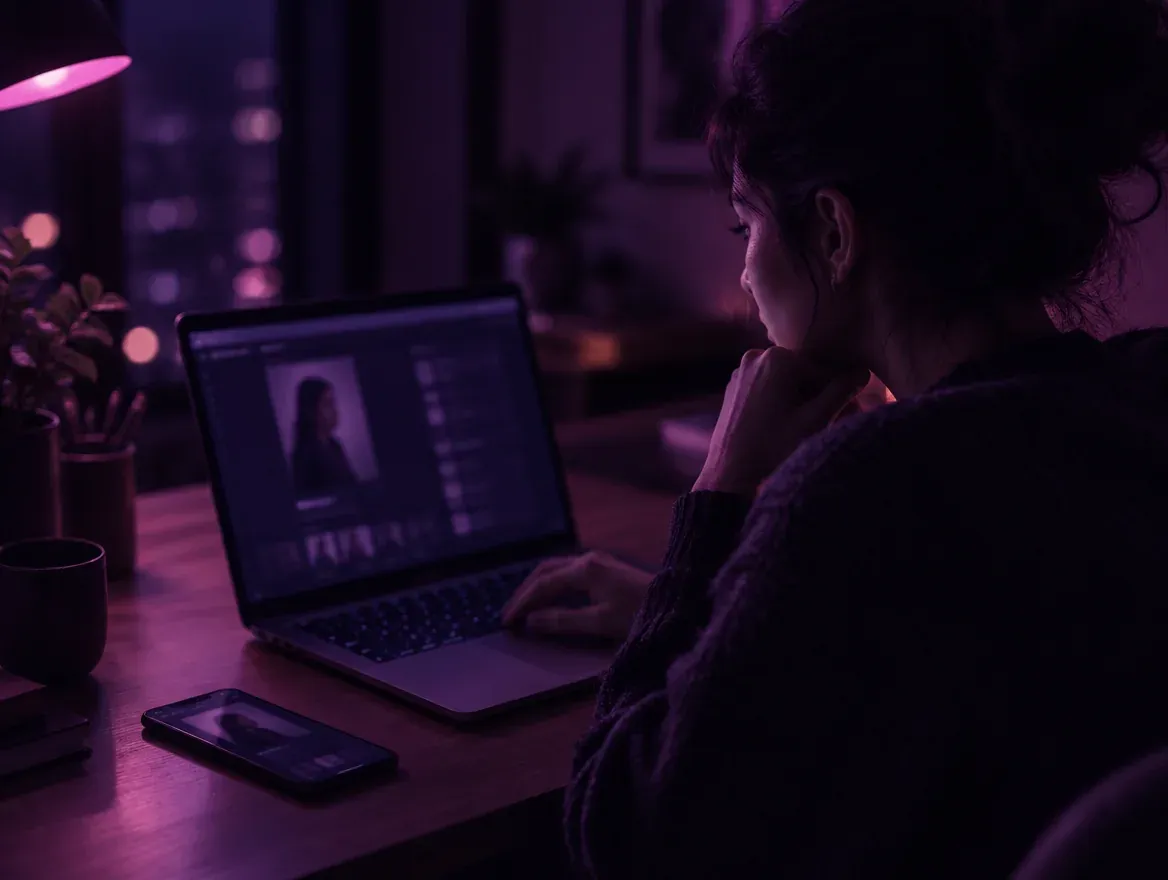 Una persona edita su perfil de Reefly desde el laptop por la noche, con el celular al lado.