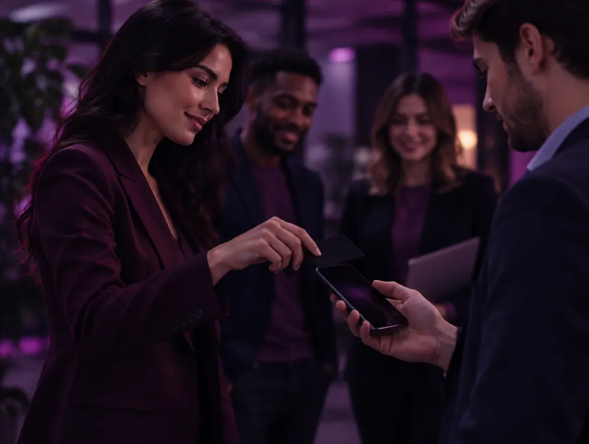 Una vendedora pasa su tarjeta NFC por el celular de un colega mientras el equipo sonríe al fondo.