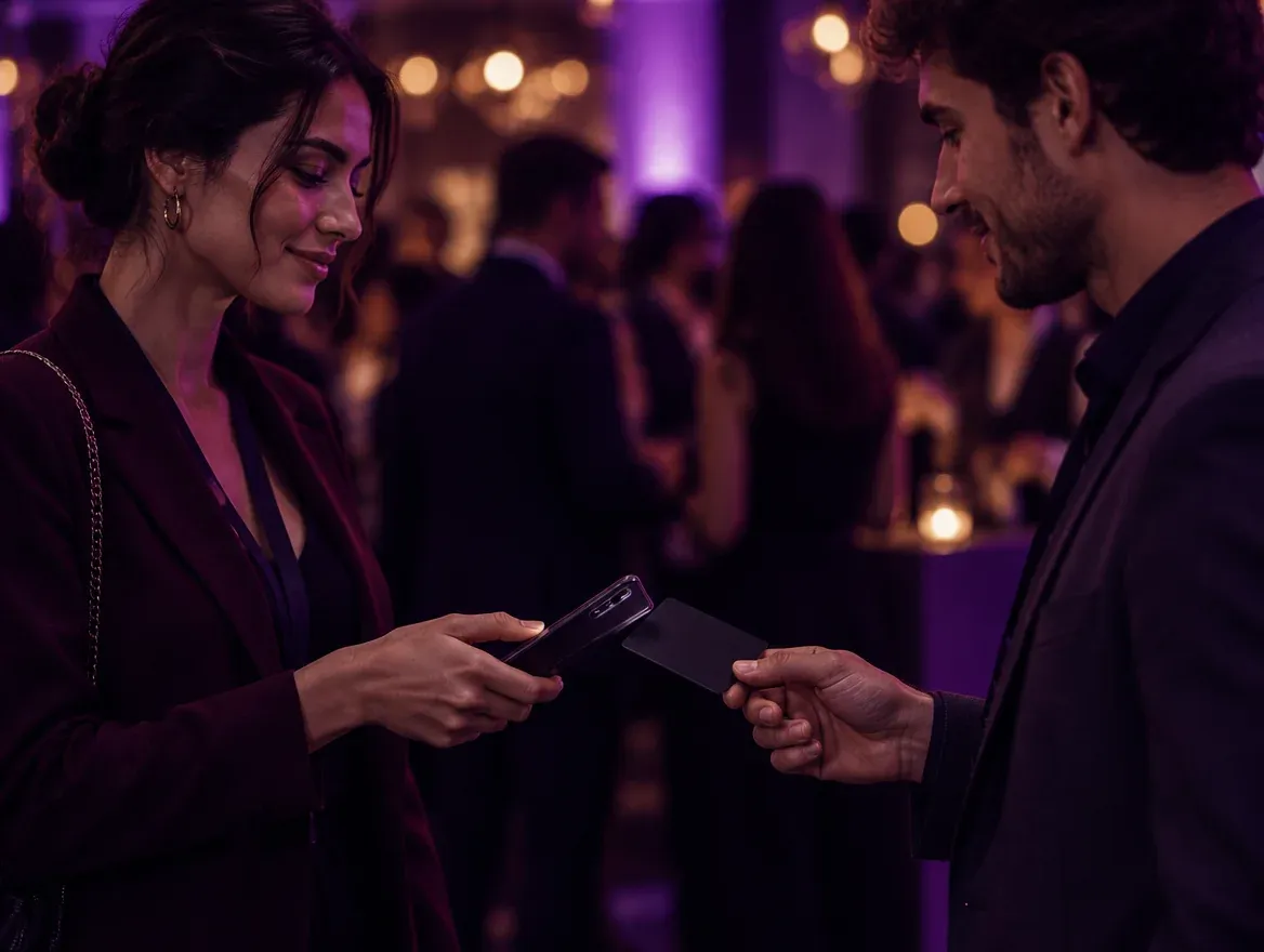 Dos personas intercambian su contacto con una tarjeta NFC y un celular en un evento.