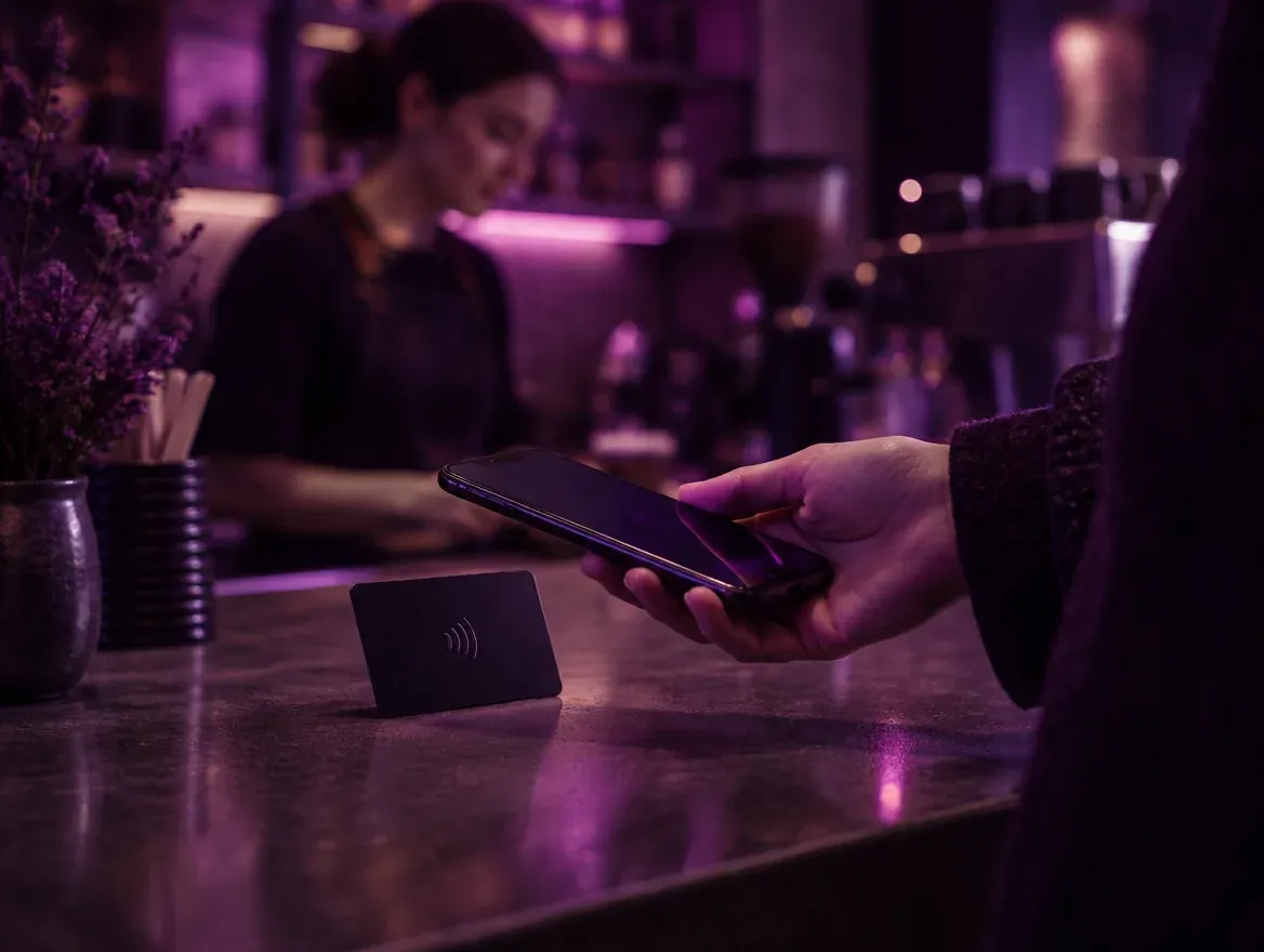 Una persona acerca su celular a una tarjeta NFC que está de pie sobre el mostrador de una cafetería.