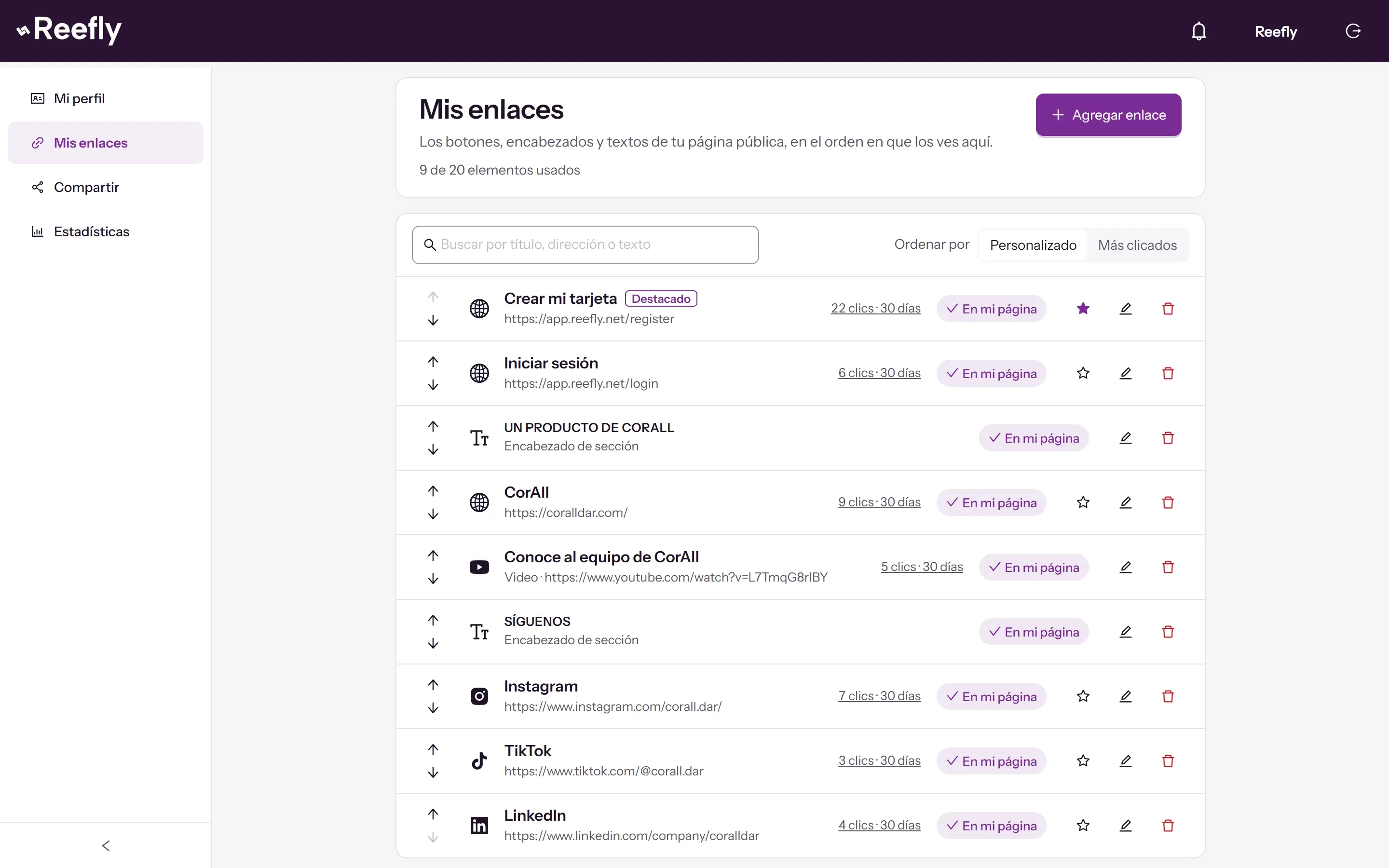 Lista de enlaces en el panel de Reefly: un enlace destacado, un video, encabezados de sección y redes sociales, cada uno con sus clics.