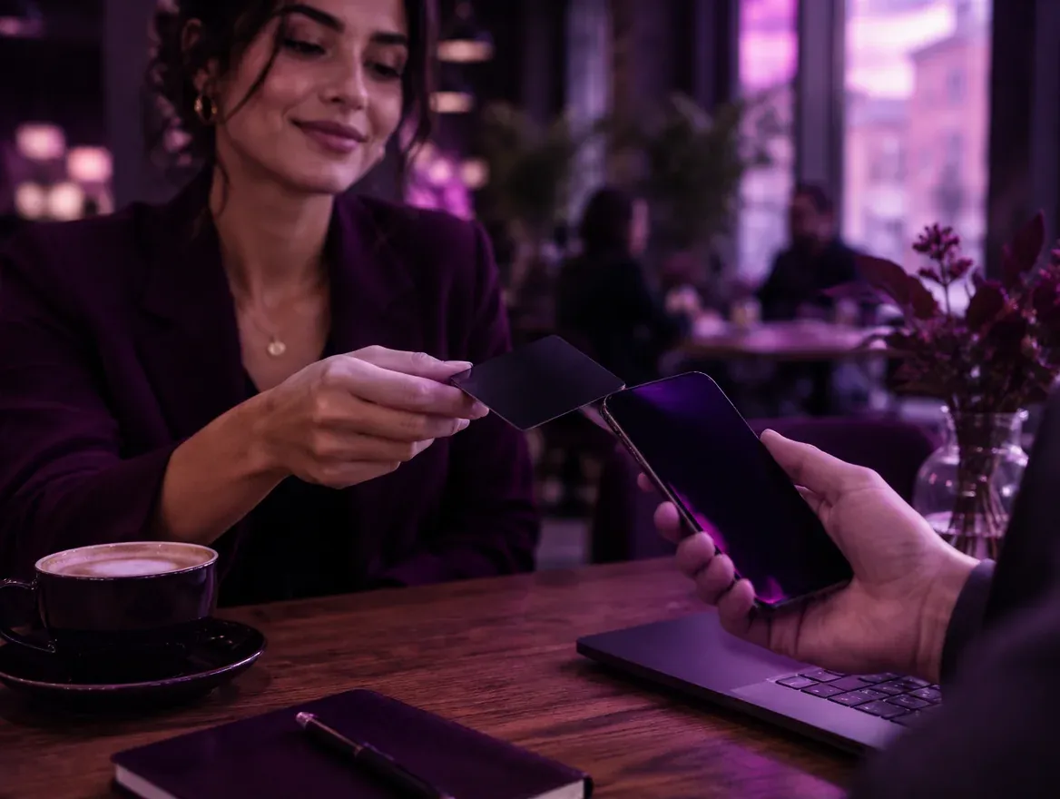 Una profesional acerca su tarjeta NFC al celular de un cliente en una cafetería.